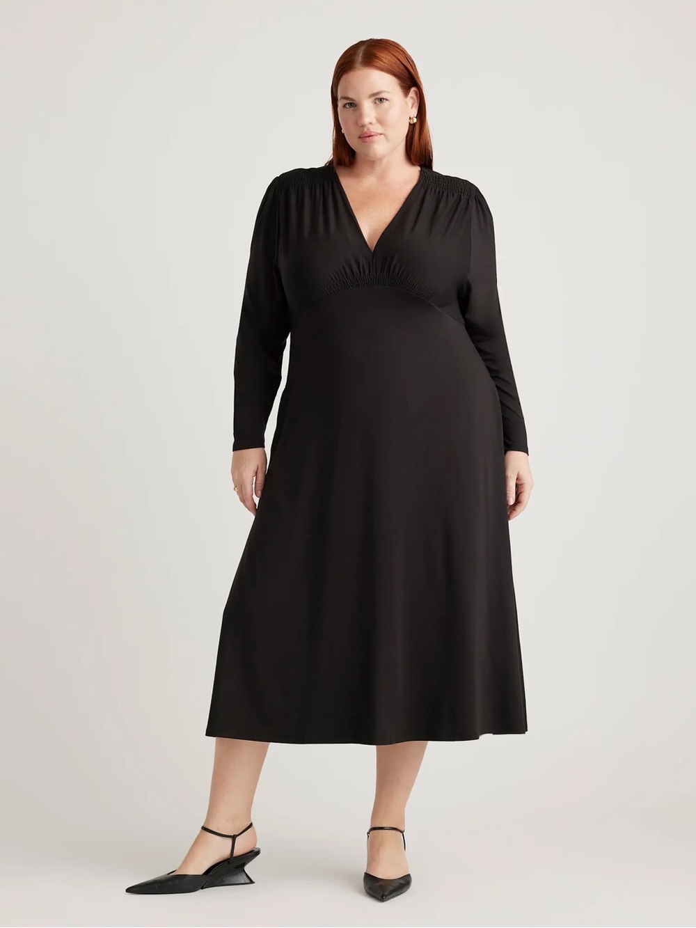 Quince Minimalist Capsule Timeless Tencel Jersey V-Neck Long Sleeve Midi Dress
